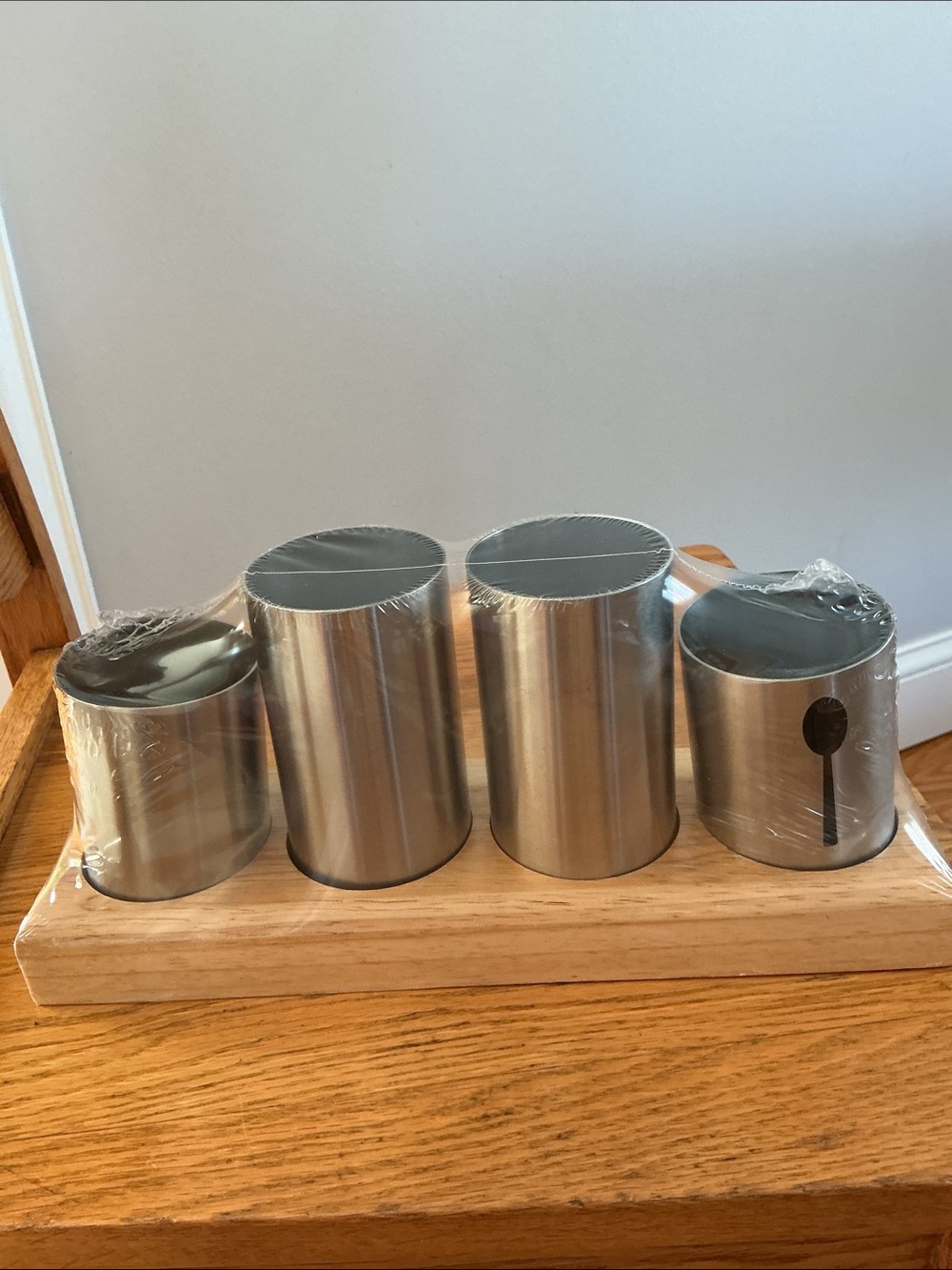 barbecue silverware Stainless Steel Canister Set Wooden Tray - Brushed Silver